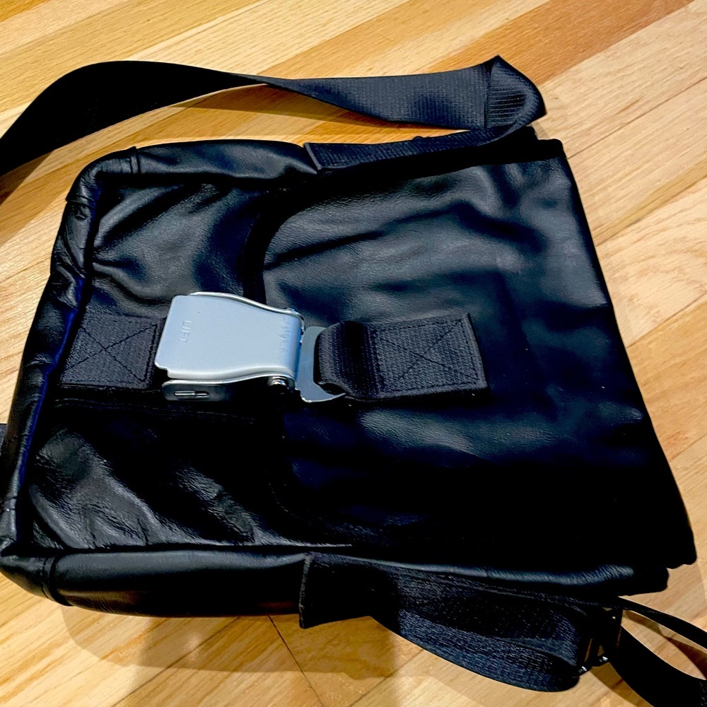 MariClaro leather recycled mini messenger with aircraft leather/seatbelt